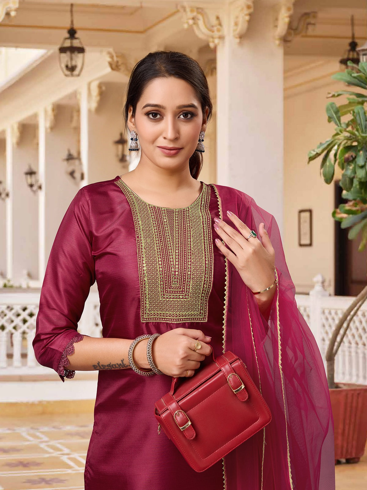 MAROON  COLOURED  WOMEN'S  RAYON SILK  KURTA WITH  DUPATTA SET