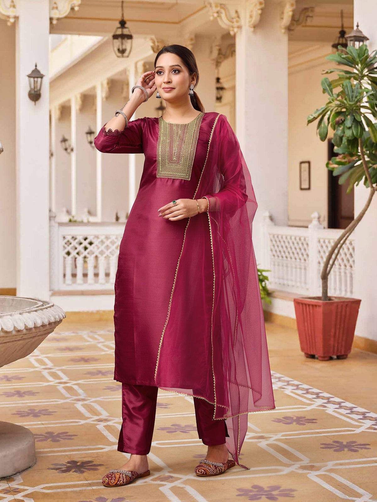 MAROON  COLOURED  WOMEN'S  RAYON SILK  KURTA WITH  DUPATTA SET