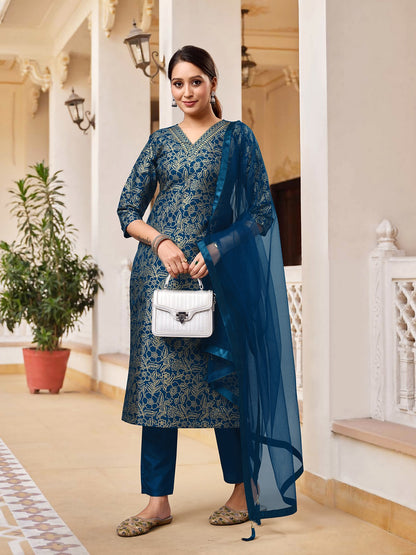 RAMA  COLOURED  WOMEN'S  RAYON SILK  KURTA WITH  DUPATTA SET