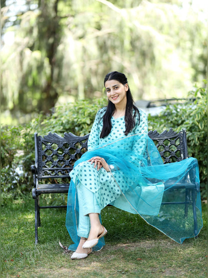 SKY COLOURED  WOMEN'S  RAYON  KURTA WITH  DUPATTA SET