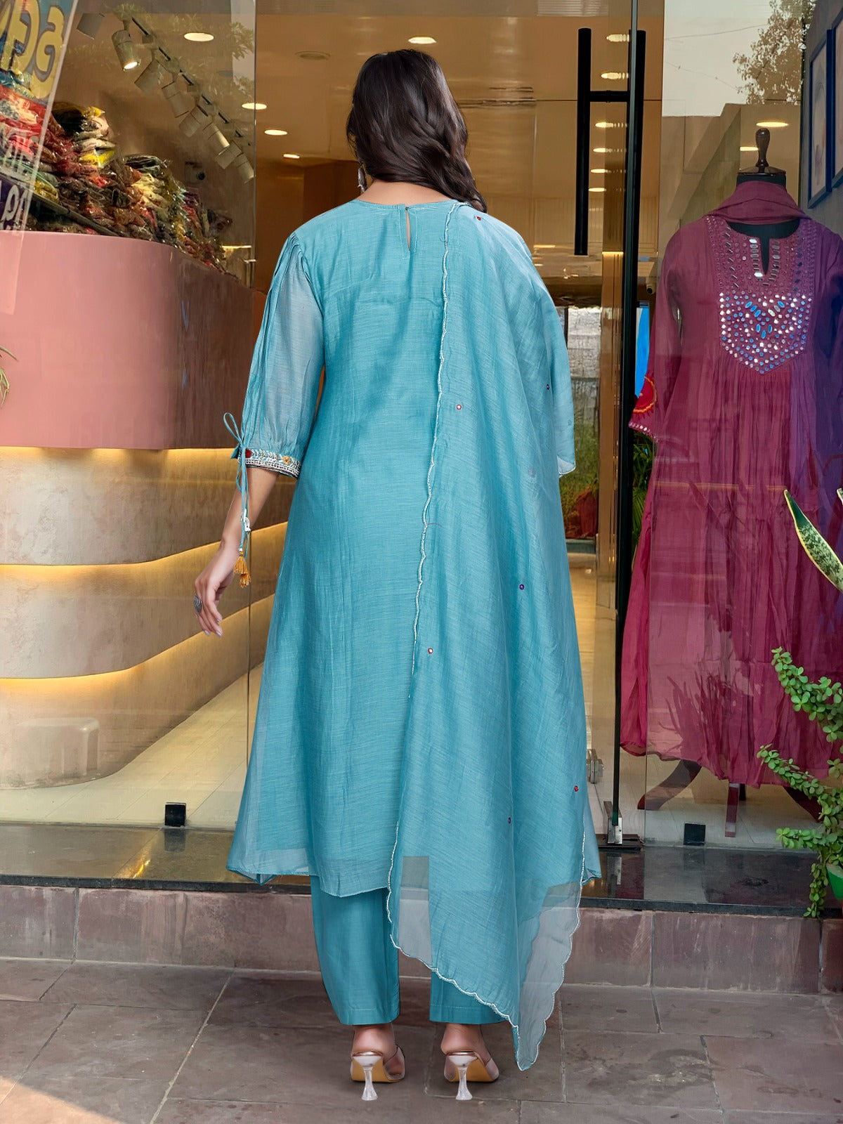 YAMINI BLUE COLOURED  WOMEN'S CHANDERI SILK EMBROIDERED  KURTA WITH PANT DUPATTA SET