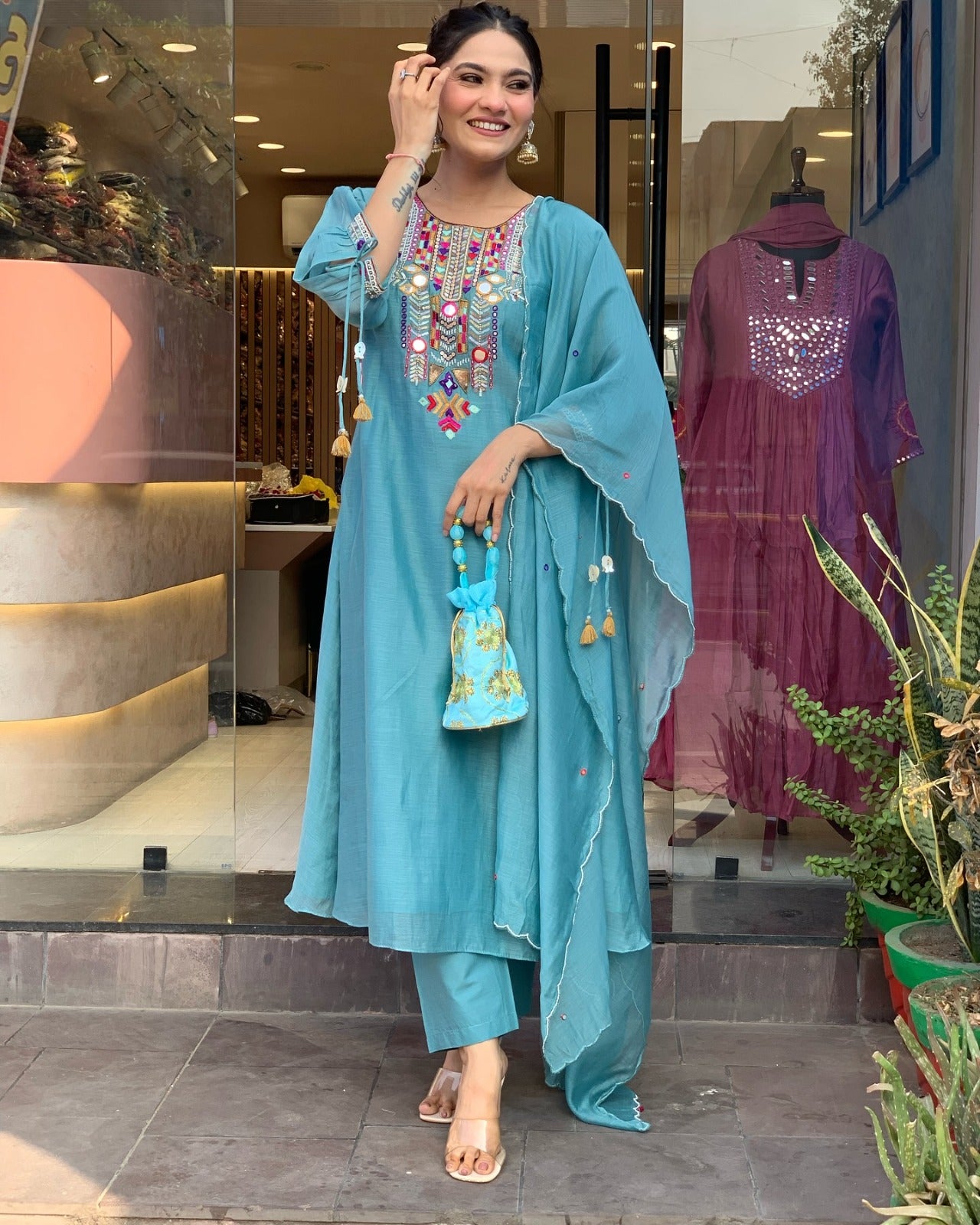 YAMINI BLUE COLOURED  WOMEN'S CHANDERI SILK EMBROIDERED  KURTA WITH PANT DUPATTA SET