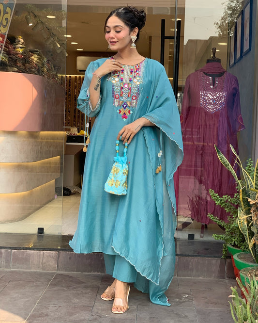 YAMINI BLUE COLOURED  WOMEN'S CHANDERI SILK EMBROIDERED  KURTA WITH PANT DUPATTA SET