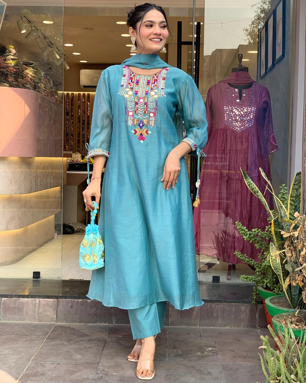 YAMINI BLUE COLOURED  WOMEN'S CHANDERI SILK EMBROIDERED  KURTA WITH PANT DUPATTA SET