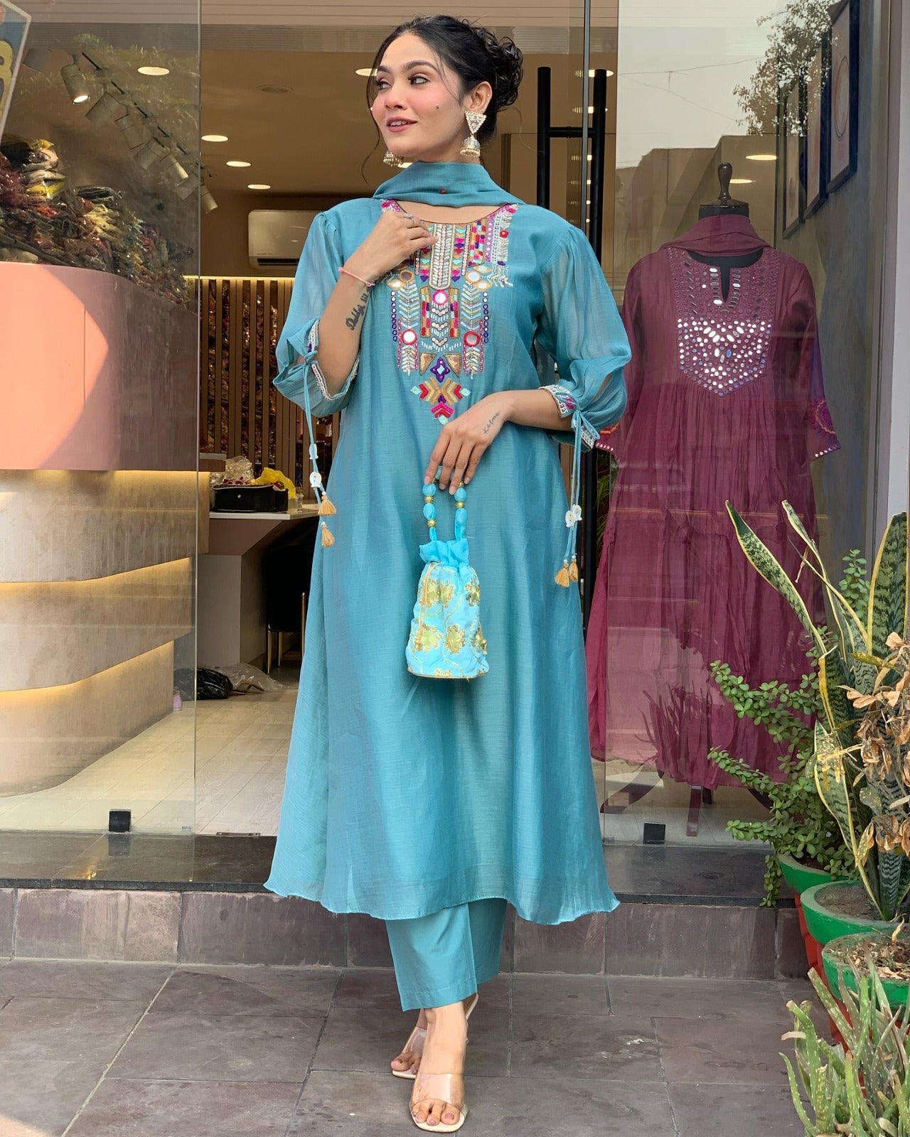 YAMINI BLUE COLOURED  WOMEN'S CHANDERI SILK EMBROIDERED  KURTA WITH PANT DUPATTA SET