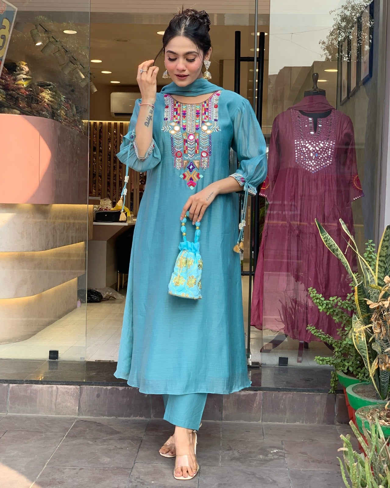 YAMINI BLUE COLOURED  WOMEN'S CHANDERI SILK EMBROIDERED  KURTA WITH PANT DUPATTA SET