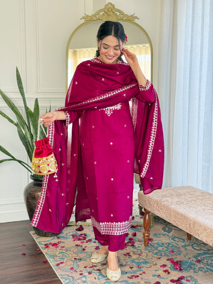 RED COLOURED  WOMEN'S CP VICHITRA EMBROIDERED  KURTA WITH PANT DUPATTA SET