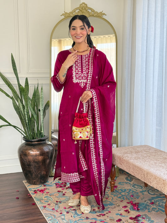 RED COLOURED  WOMEN'S CP VICHITRA EMBROIDERED  KURTA WITH PANT DUPATTA SET