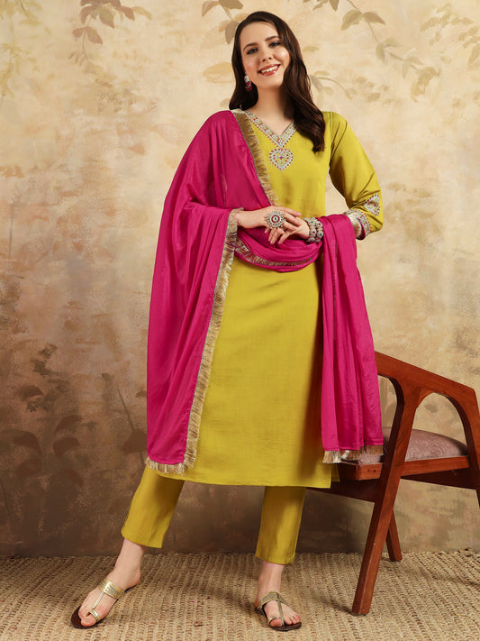 YELLOW COLOURED  WOMEN'S VISCOSE CHANDERI  EMBROIDERED  KURTA WITH PANT DUPATTA SET