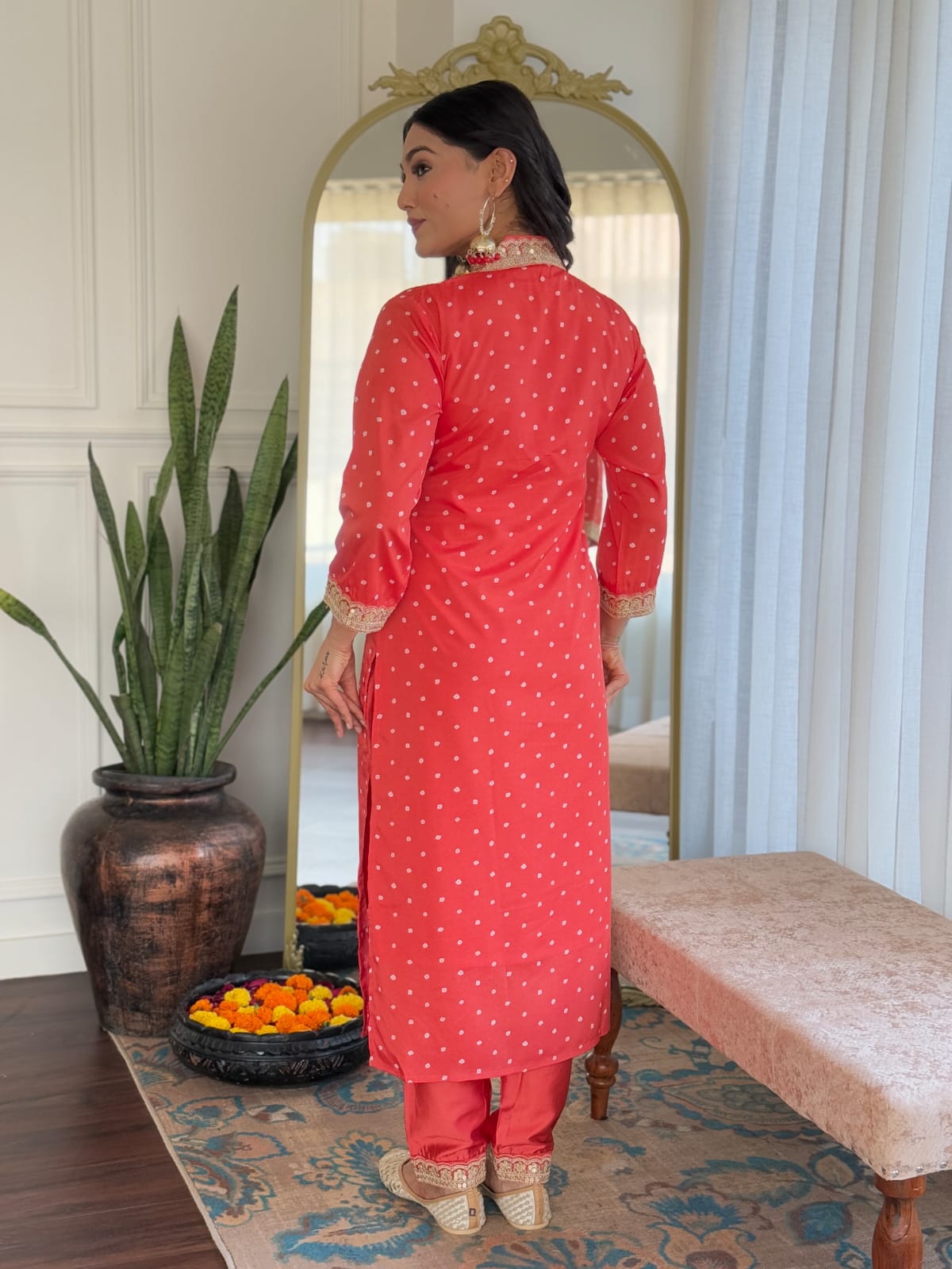 ORANGE  COLOURED  WOMEN'S  REYON   EMBROIDERED  KURTA WITH PANT DUPATTA SET