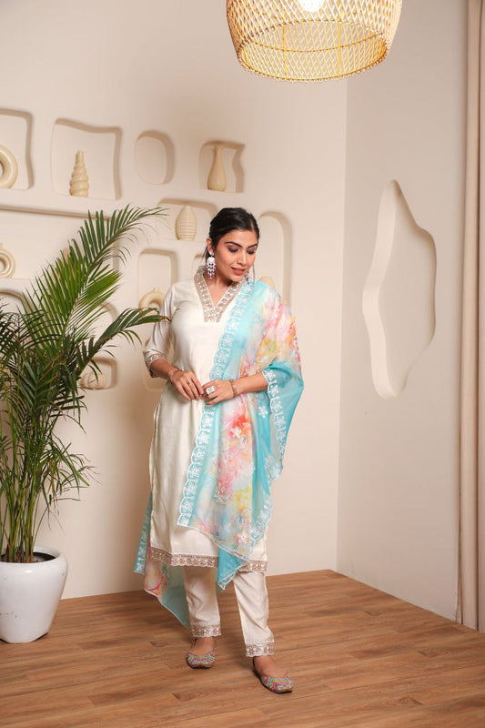 WHITE COLOURED  WOMEN'S VISCOSE CHANDERI  EMBROIDERED  KURTA WITH PANT DUPATTA SET