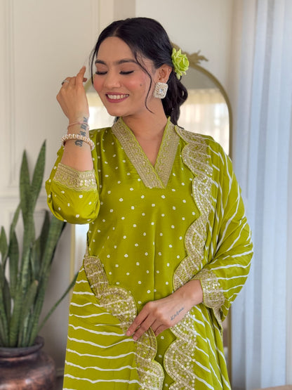 PISTA  COLOURED  WOMEN'S  REYON EMBROIDERED  KURTA WITH PANT DUPATTA SET
