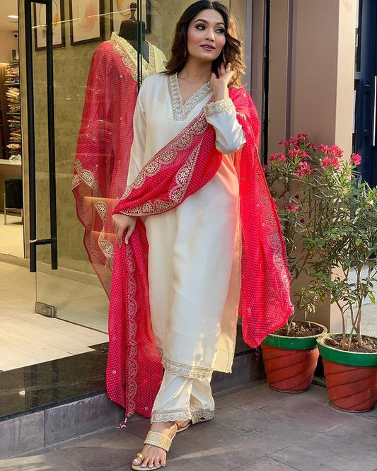 WHITE COLOURED WOMEN  EMBROIDERY WORK KURTA SET
