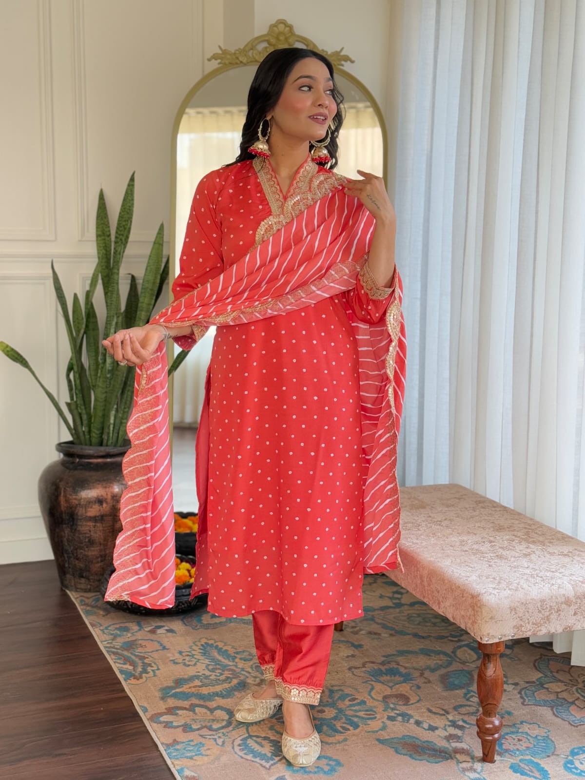 ORANGE  COLOURED  WOMEN'S  REYON   EMBROIDERED  KURTA WITH PANT DUPATTA SET