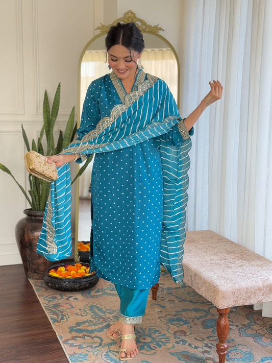 BLUE COLOURED  WOMEN'S  REYON  EMBROIDERED  KURTA WITH PANT DUPATTA SET