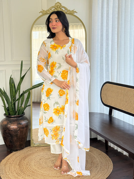 YELLOW   COLOURED  WOMEN'S GEORGETTE  KURTA  WITH PANT DUPATTA  SET