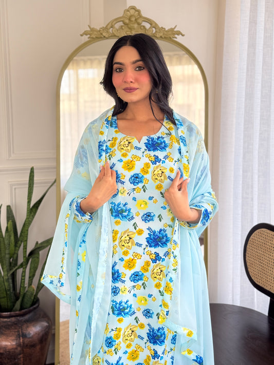 SKY  COLOURED  WOMEN'S GEORGETTE  KURTA  WITH PANT DUPATTA  SET