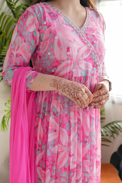 LIGHT PINK  COLOURED WOMEN'S  CHINON KURTA SET