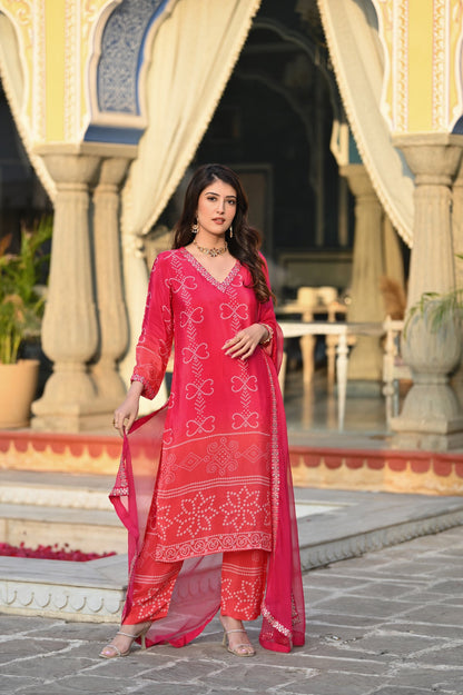 KASHISH RED COLOURED  WOMEN'S  SOFT CHINNON SILK   KURTA WITH PANT DUPATTA  SET