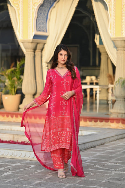 KASHISH RED COLOURED  WOMEN'S  SOFT CHINNON SILK   KURTA WITH PANT DUPATTA  SET