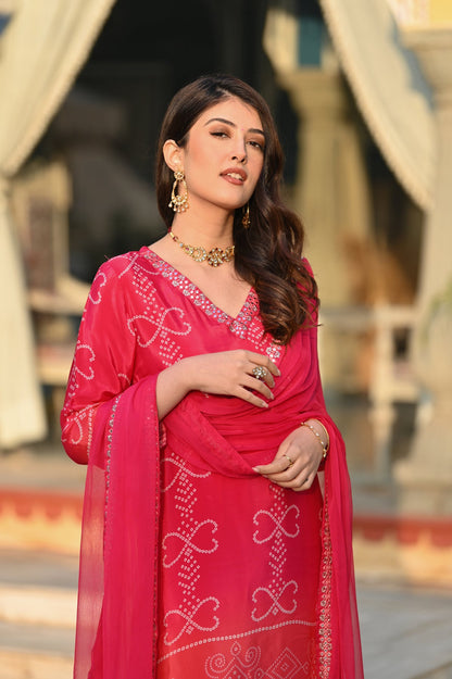 KASHISH RED COLOURED  WOMEN'S  SOFT CHINNON SILK   KURTA WITH PANT DUPATTA  SET