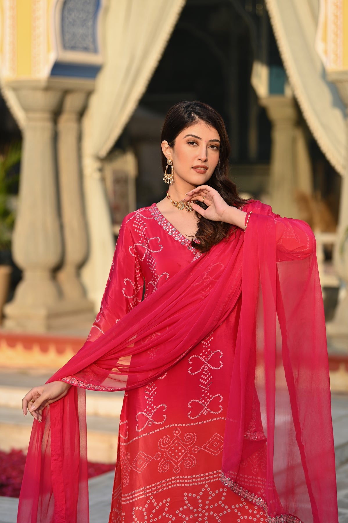 KASHISH RED COLOURED  WOMEN'S  SOFT CHINNON SILK   KURTA WITH PANT DUPATTA  SET