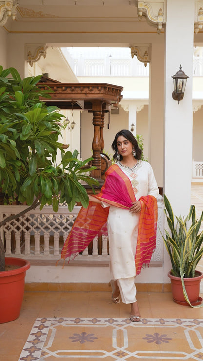 WHITE COLOURED WOMEN'S VISCOSE RAYON  KURTA WITH  DUPATTA SET
