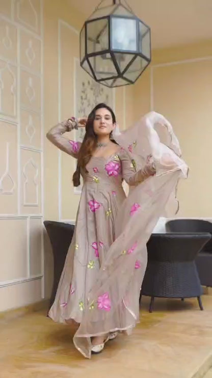trendy Grey Coloured Flaired Kurta With Bottom And Beautifull Dupatta Set