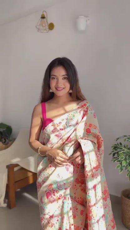 Kashmiri Weaving Multiple color thread weaving pure zari weaving Cream coloured saree