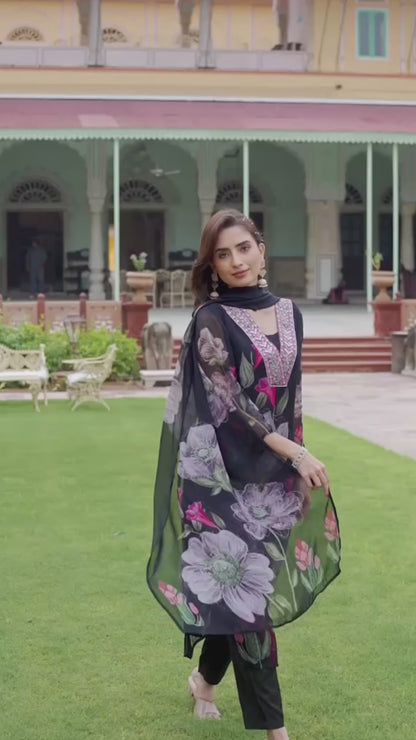 SONIKA BLACK  COLOURED  WOMEN'S GEORGETTE  EMBROIDERED  KURTA WITH PANT DUPATTA  SET