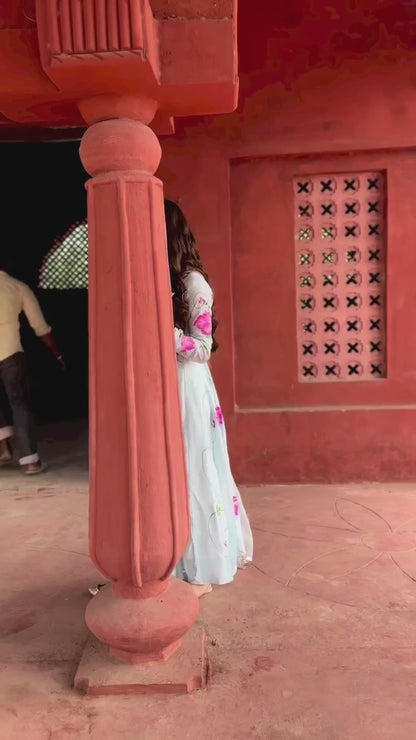 trendy sky Coloured Flaired Kurta With Bottom And Beautifull Dupatta Set