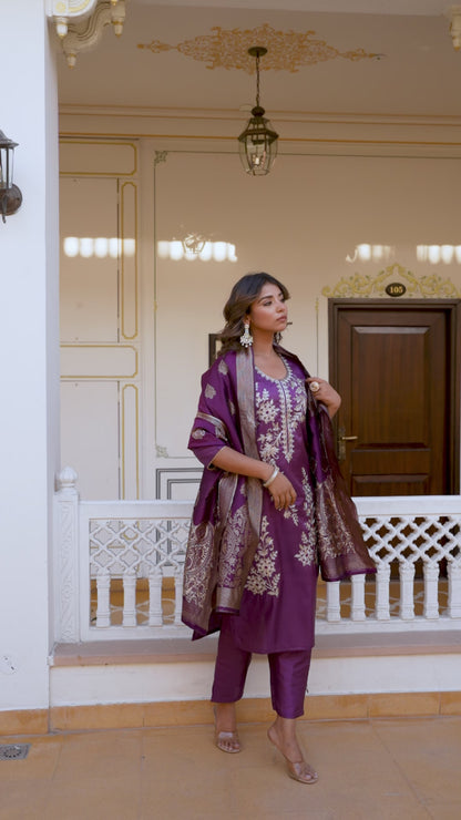 WINE COLOURED WOMEN'S  PURE SILK  KURTA WITH  DUPATTA SET