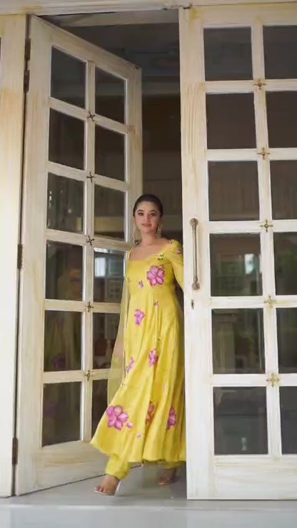 trendy Yellow Coloured Flaired Kurta With Bottom And Beautifull Dupatta Set