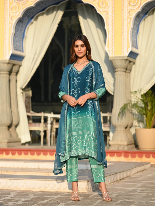 KASHISH TEAL COLOURED  WOMEN'S  SOFT CHINNON SILK  KURTA WITH PANT DUPATTA  SET