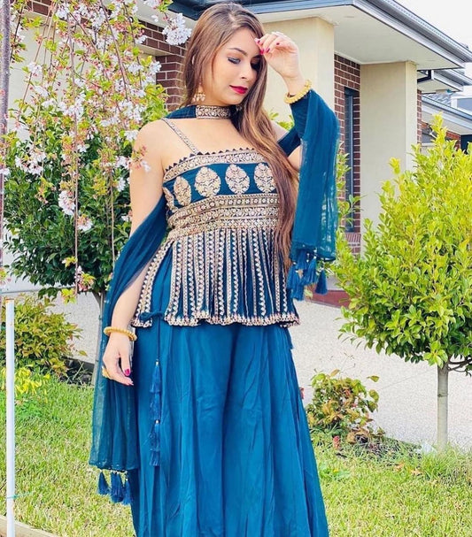 Gorgeous blue Colored women's faux georgette Calf Length Kurta with dupatta  Set