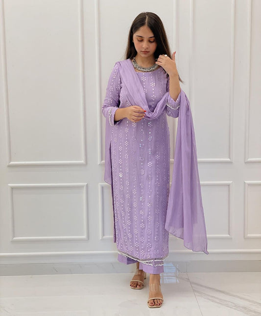 Gorgeou light purple Colored women's faux georgette Calf Length Kurta with dupatta  Set
